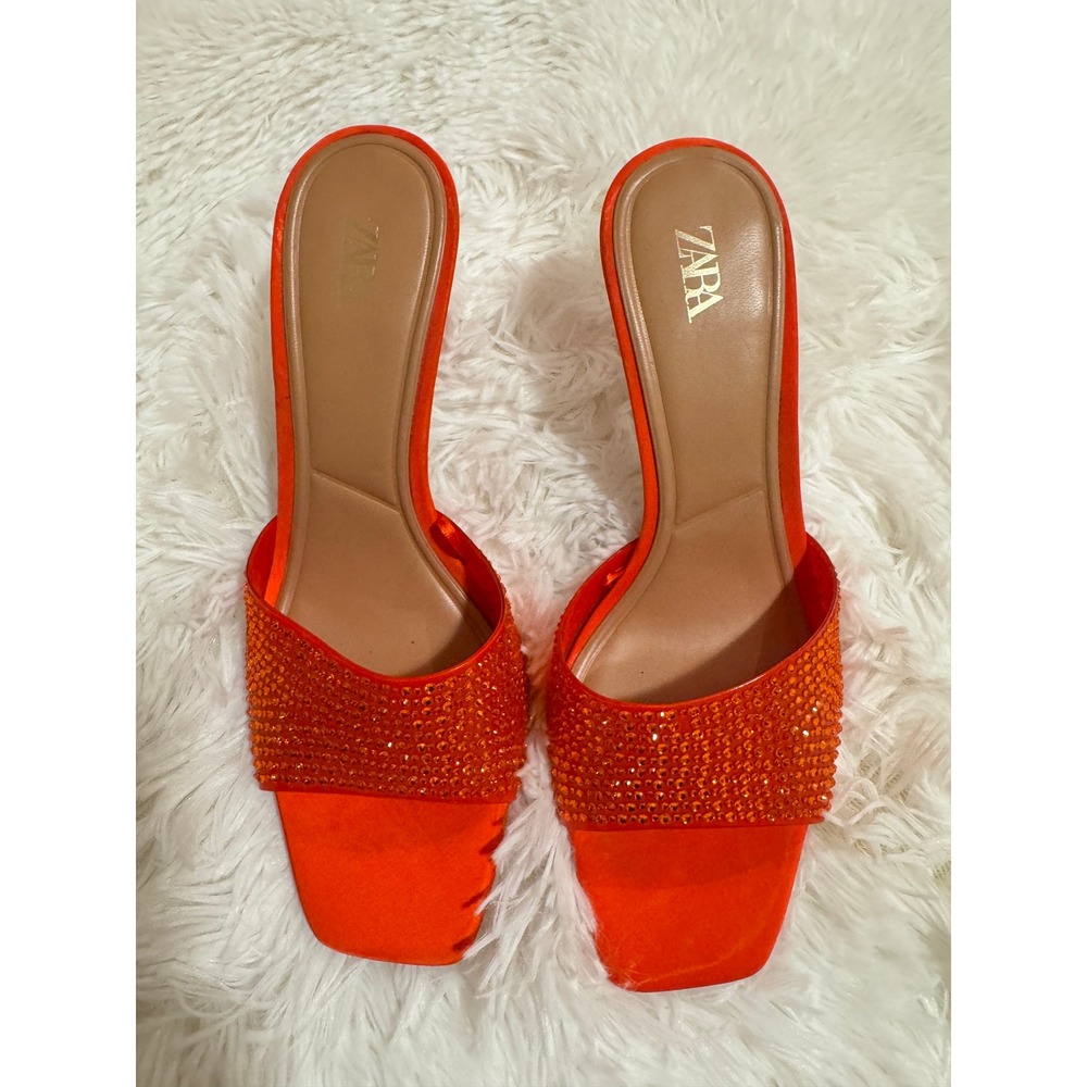 Zara Orange Satin Rhinestone Heeled Sandals Square Toe Mules Kitten Heel - Picture 4 of 4